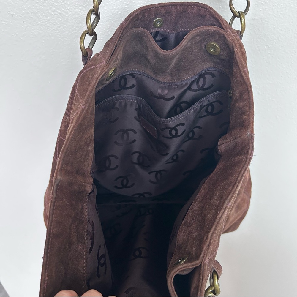 CHANEL Dark Brown Quilted Suede Shoulder Tote with Gold Hardware - Picture 9 of 14
